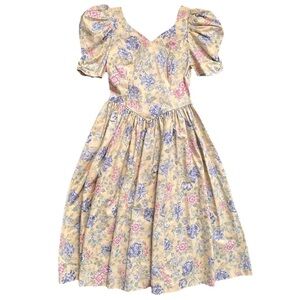 Vtg 80s Laura Ashley yellow floral pastel Tea Dress puff sleeve bow back sz 14/M